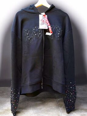 Lost Intricacy LOST Applique Rhinestone Zip-Up Hoodie - Washed Black Xl